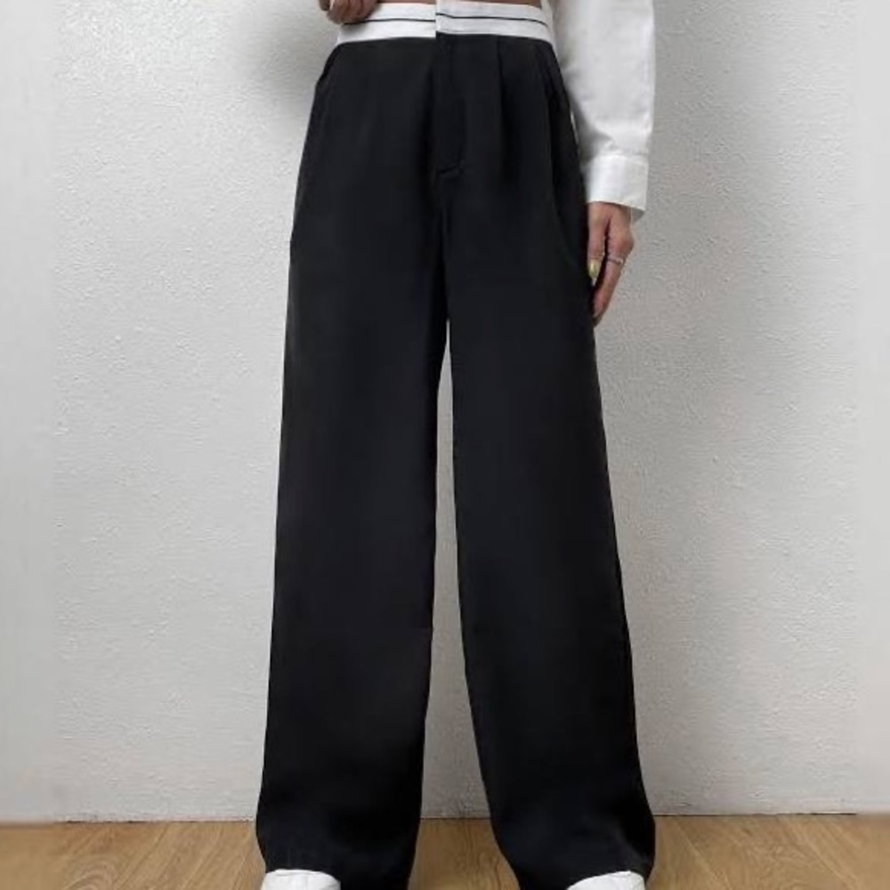 Zara wide leg black trousers white waistband size XS